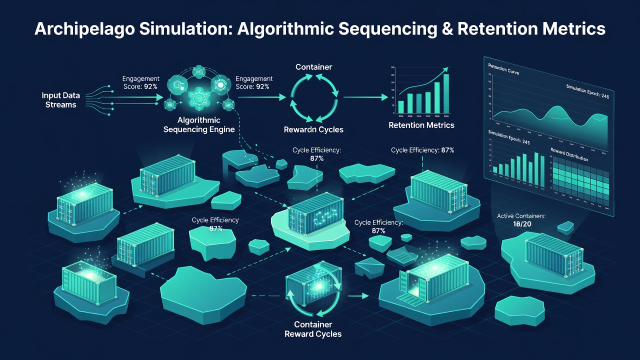 Chart illustrating retention metric trends tied to container reward sequencing in archipelago simulations