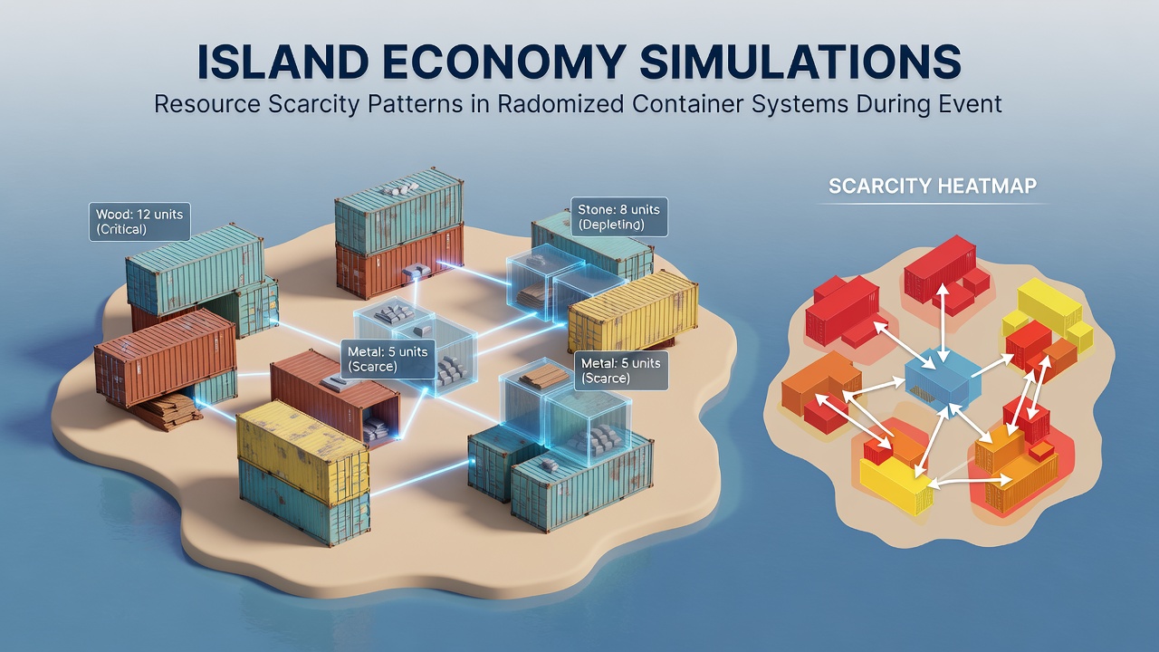 Graphs and heatmaps illustrating scarcity patterns during event cycles in island economy simulations